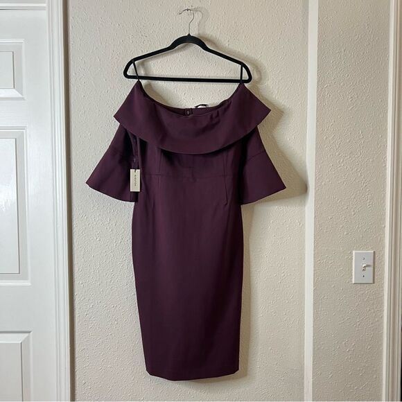 Aritzia Babaton Giovani Off The Shoulder Mini Pencil Dress in Burgundy NEW Size - Picture 2 of 8